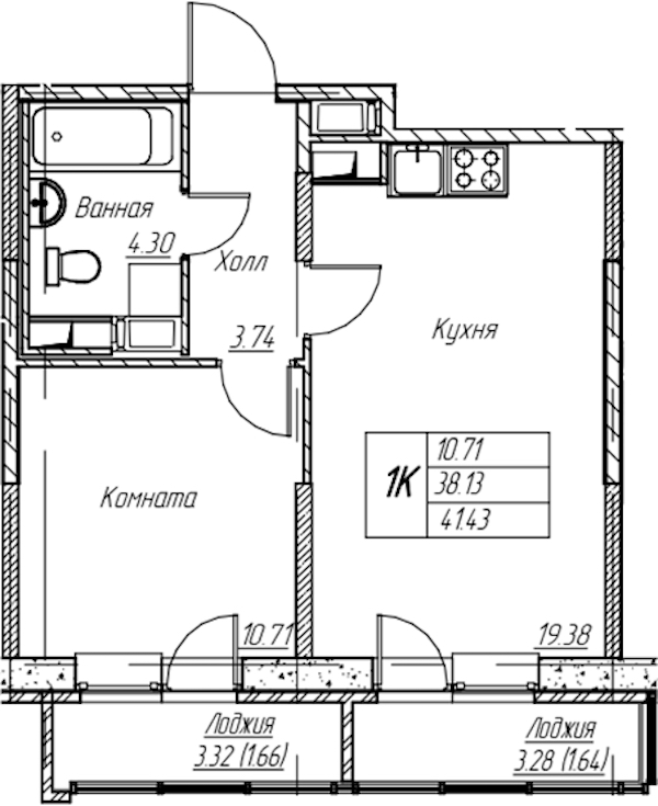 1-комнатная квартира 41.43 м², 2/22 эт., ЖК «Парк-квартал Юнтолово»
